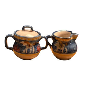 Solimene Vietri Italy Hand Painted Campagna Horse Creamer & Covered Sugar Set